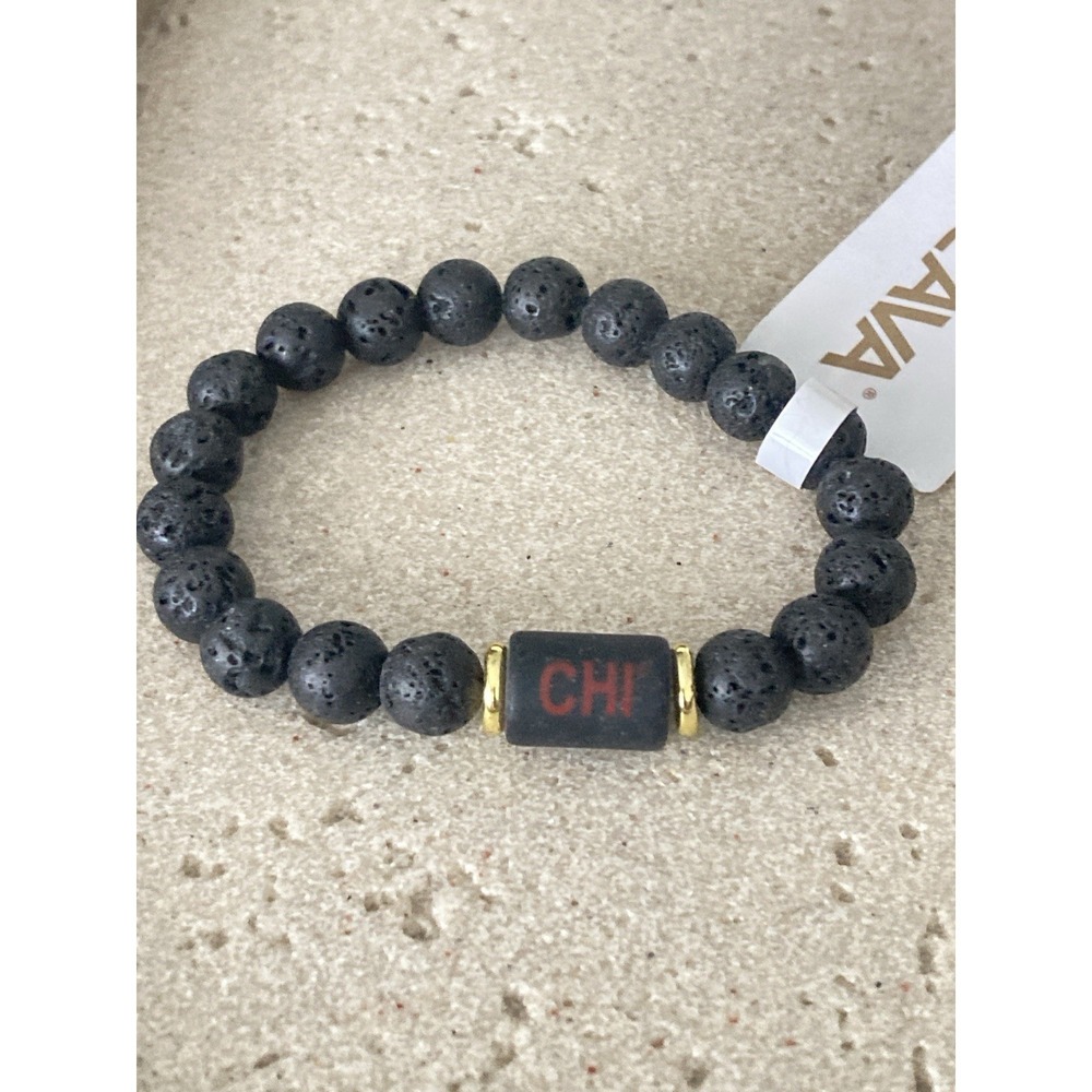 CHI LAVA Black Lava Rock Beaded Stretch Bracelet Gold Tone Accent Earthy